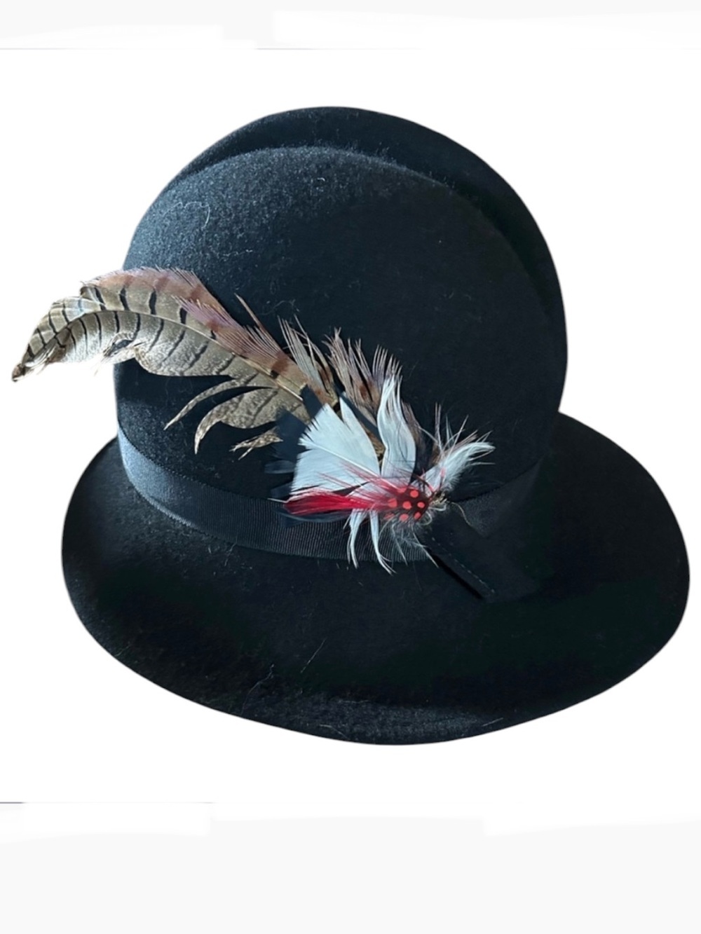 Vintage Black Wool Hat w Feather Embellishment - Picture 1 of 14